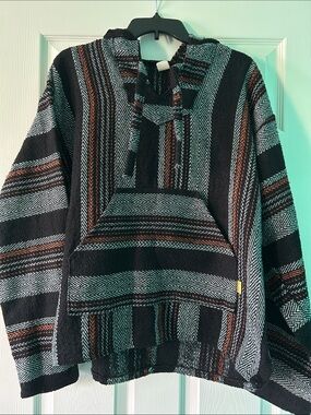 Molina Black, Grey, and Orange Vintage Mexica Baja Drug Rug Poncho Hoodie Size L